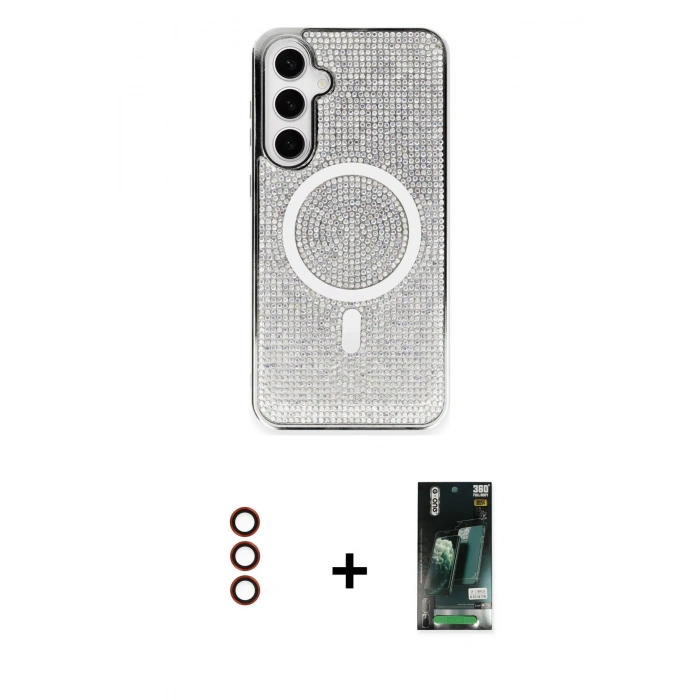 MARSİLYAN™- Galaxy S23 Kılıf Eksen Çizgi - Şeffaf 360 Full Body Arka Koruyucu + Metal Kamera Lens - KI