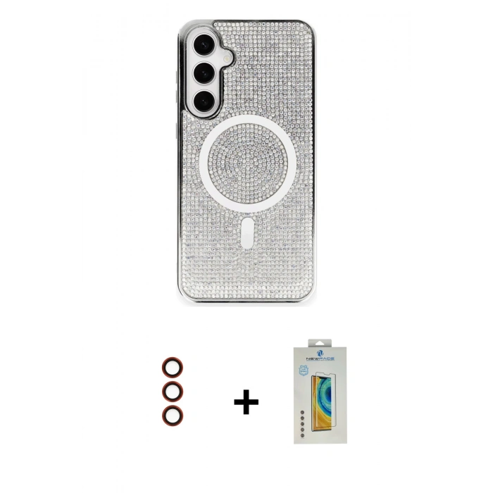 MARSİLYAN™- Galaxy S23 Kılıf Eksen Çizgi - Şeffaf Polymer Nano Ekran Koruyucu + Metal Kamera Lens - KI