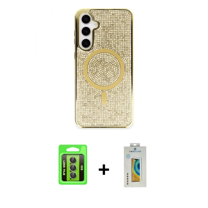 MARSİLYAN™- Galaxy S23 Kılıf Eksen Çizgi - Şeffaf Polymer Nano Ekran Koruyucu + Raze Metal Kamera Lens - GI