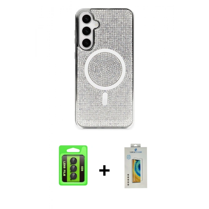 MARSİLYAN™- Galaxy S23 Kılıf Eksen Çizgi - Şeffaf Polymer Nano Ekran Koruyucu + Raze Metal Kamera Lens - SH