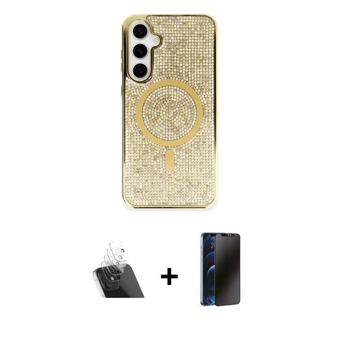 MARSİLYAN™- Galaxy S23 Kılıf Eksen Çizgi - Siyah 3D Antistatik Hayalet Cam Ekran Koruyucu + Kamera Lens Koruma Cam - SF