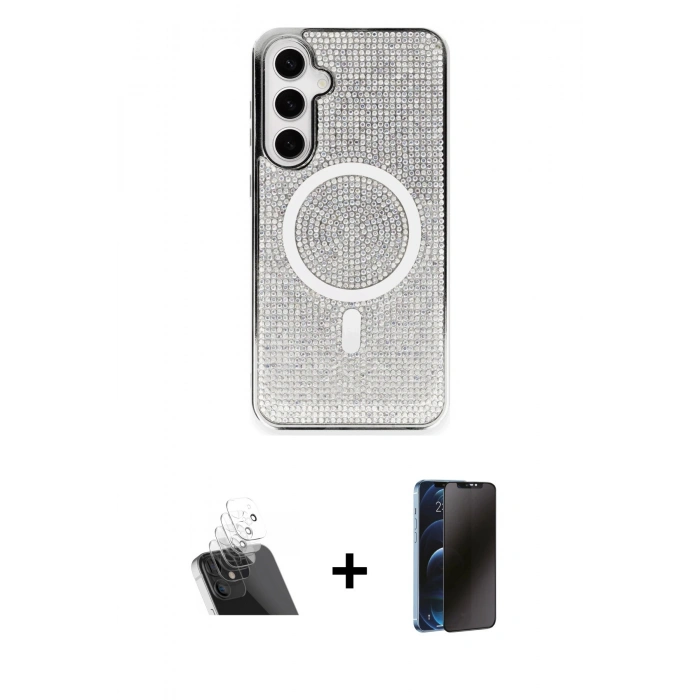 MARSİLYAN™- Galaxy S23 Kılıf Eksen Çizgi - Siyah 3D Antistatik Hayalet Cam Ekran Koruyucu + Kamera Lens Koruma Cam - SF