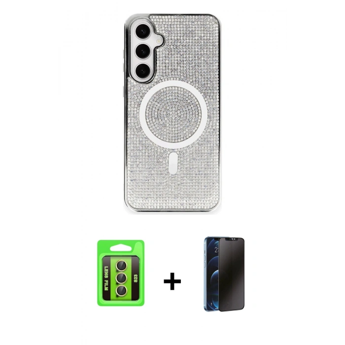 MARSİLYAN™- Galaxy S23 Kılıf Eksen Çizgi - Siyah 3D Antistatik Hayalet Cam Ekran Koruyucu + Raze Metal Kamera Lens - SI