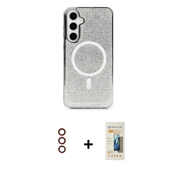 MARSİLYAN™- Galaxy S23 Kılıf Eksen Çizgi - Siyah 6D Mat Seramik Hayalet Nano Ekran Koruyucu + Metal Kamera Lens - KI