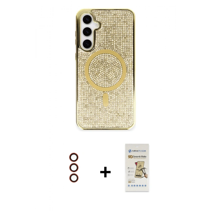 MARSİLYAN™- Galaxy S23 Kılıf Eksen Çizgi - Siyah Mat Seramik Nano Ekran Koruyucu + Metal Kamera Lens - KI