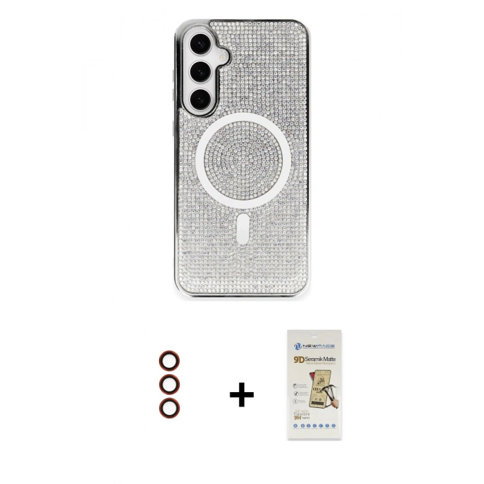MARSİLYAN™- Galaxy S23 Kılıf Eksen Çizgi - Siyah Mat Seramik Nano Ekran Koruyucu + Metal Kamera Lens - KI