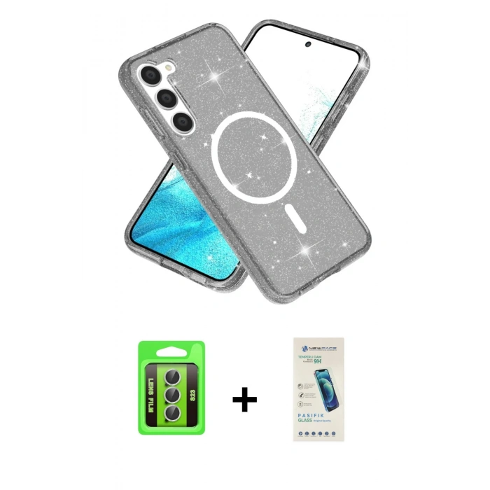 MARSİLYAN™- Galaxy S23 Kılıf Nova Asil Prime - Şeffaf Pasifik Cam Ekran Koruyucu + Raze Metal Kamera Lens - GS