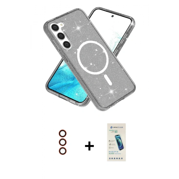MARSİLYAN™- Galaxy S23 Kılıf Nova Asil Prime - Şeffaf Pasifik Cam Ekran Koruyucu + Metal Kamera Lens - KI