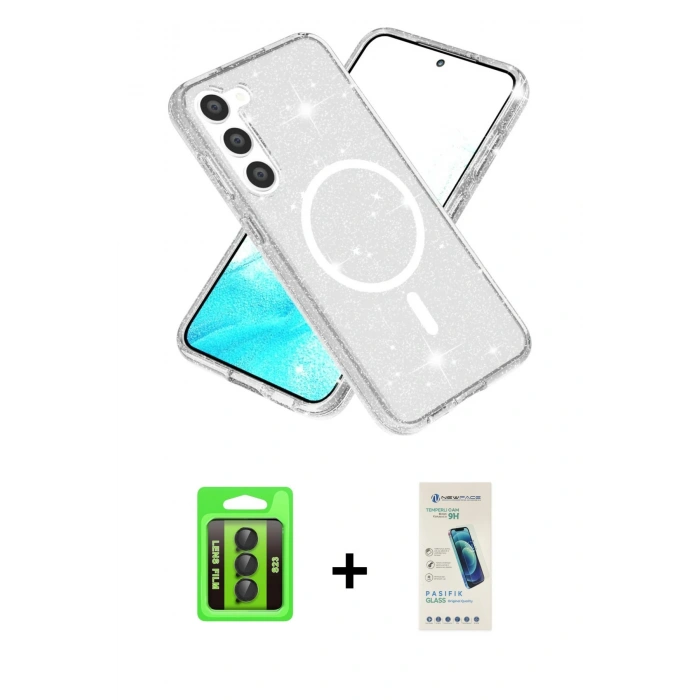 MARSİLYAN™- Galaxy S23 Kılıf Nova Asil Prime - Şeffaf Pasifik Cam Ekran Koruyucu + Raze Metal Kamera Lens - SH