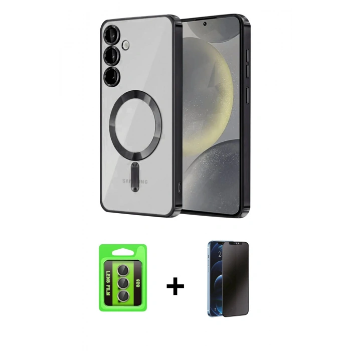 MARSİLYAN™- Galaxy S23 Kılıf Nova Işık Özel Seri - Siyah 3D Antistatik Hayalet Cam Ekran Koruyucu + Raze Metal Kamera Lens - GI