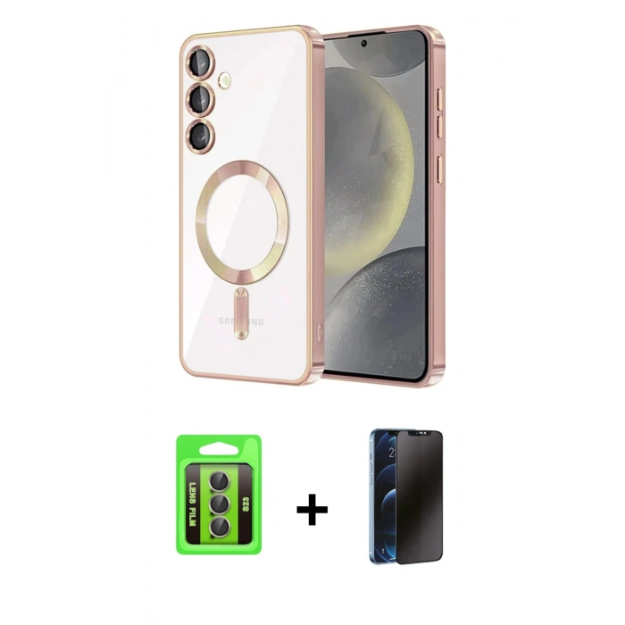 MARSİLYAN™- Galaxy S23 Kılıf Nova Işık Özel Seri - Siyah 3D Antistatik Hayalet Cam Ekran Koruyucu + Raze Metal Kamera Lens - GI