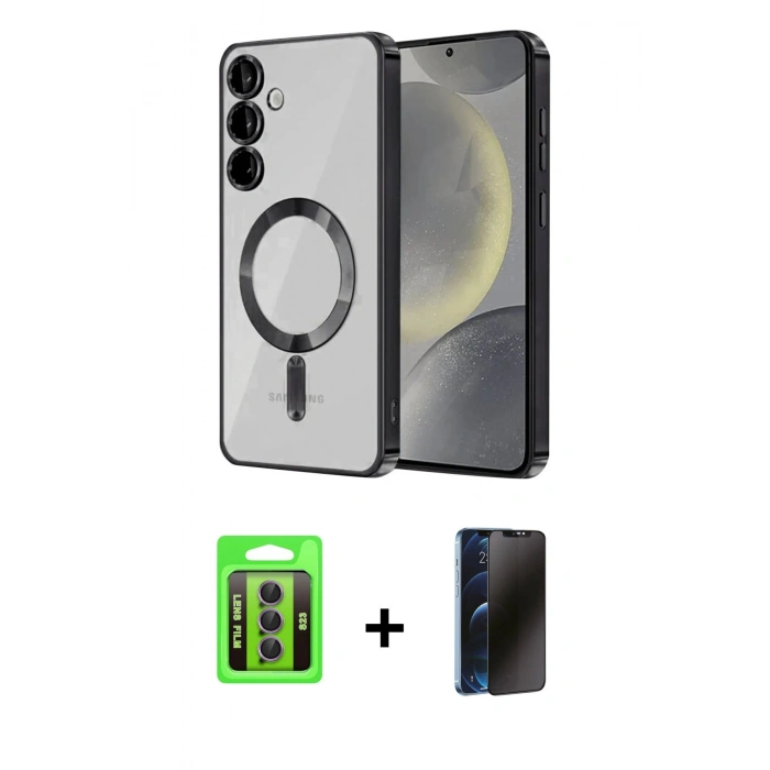 MARSİLYAN™- Galaxy S23 Kılıf Nova Işık Özel Seri - Siyah 3D Antistatik Hayalet Cam Ekran Koruyucu + Raze Metal Kamera Lens - MR