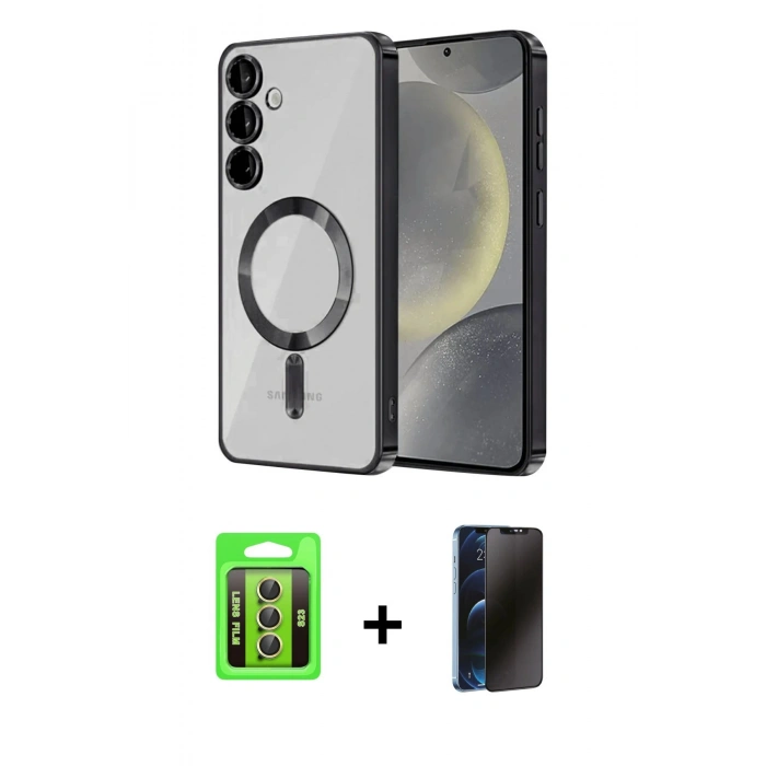 MARSİLYAN™- Galaxy S23 Kılıf Nova Işık Özel Seri - Siyah 3D Antistatik Hayalet Cam Ekran Koruyucu + Raze Metal Kamera Lens - SI