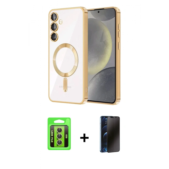 MARSİLYAN™- Galaxy S23 Kılıf Nova Işık Özel Seri - Siyah 3D Antistatik Hayalet Cam Ekran Koruyucu + Raze Metal Kamera Lens - SI