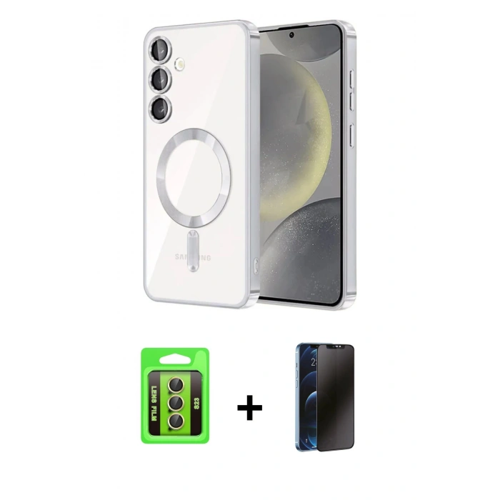 MARSİLYAN™- Galaxy S23 Kılıf Nova Işık Özel Seri - Siyah 3D Antistatik Hayalet Cam Ekran Koruyucu + Raze Metal Kamera Lens - SI