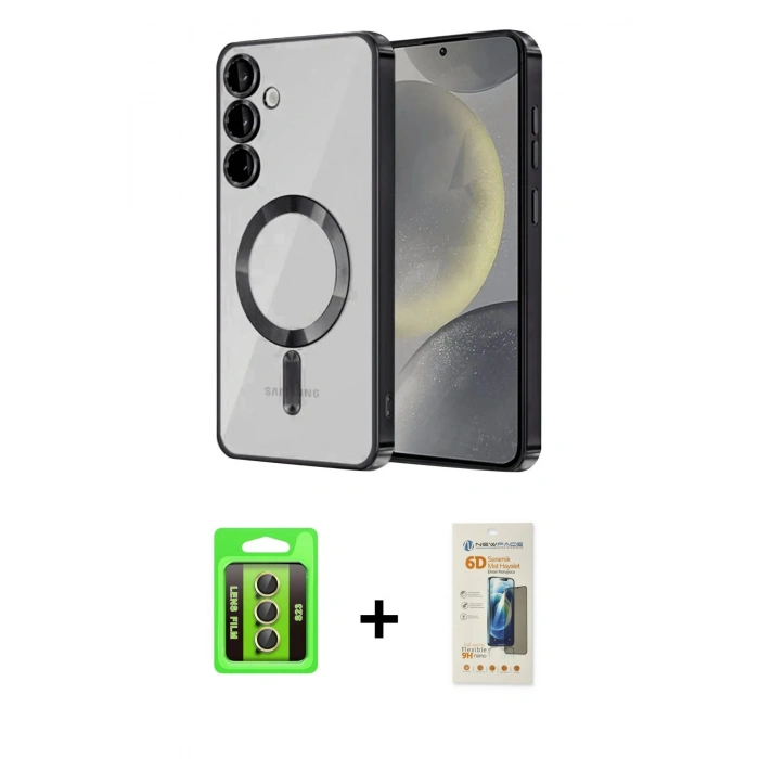 MARSİLYAN™- Galaxy S23 Kılıf Nova Işık Özel Seri - Siyah 6D Mat Seramik Hayalet Nano Ekran Koruyucu + Raze Metal Kamera Lens - SI