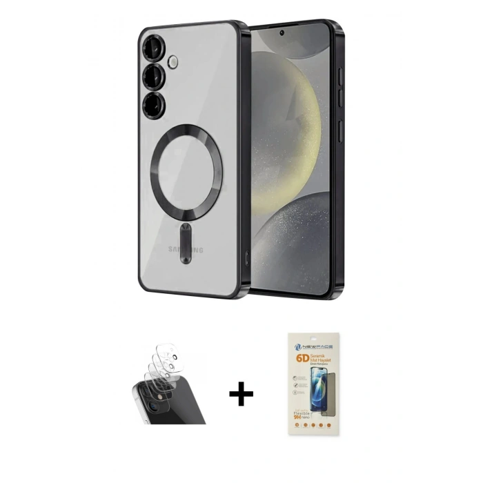 MARSİLYAN™- Galaxy S23 Kılıf Nova Işık Özel Seri - Siyah 6D Mat Seramik Hayalet Nano Ekran Koruyucu + Kamera Lens Koruma Cam - SF
