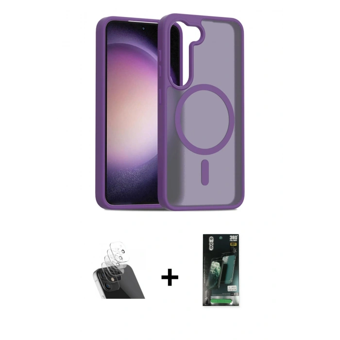 MARSİLYAN™- Galaxy S23 Kılıf Siluet Minimal Prime - Siyah 360 Mat Full Body Arka Koruyucu + Kamera Lens Koruma Cam - SF
