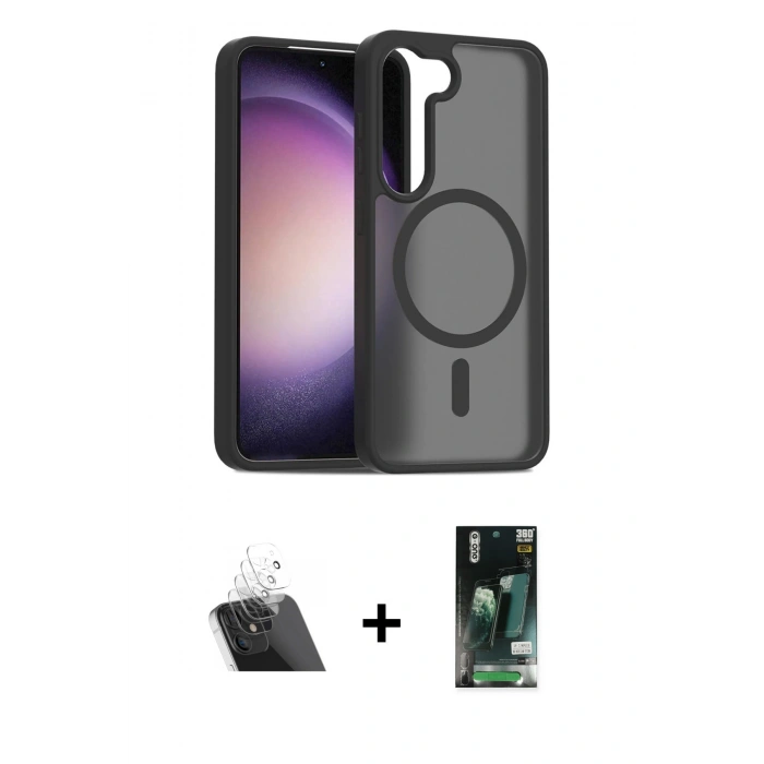 MARSİLYAN™- Galaxy S23 Kılıf Siluet Minimal Prime - Siyah 360 Mat Full Body Arka Koruyucu + Kamera Lens Koruma Cam - SF