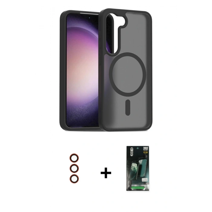MARSİLYAN™- Galaxy S23 Kılıf Siluet Minimal Prime - Siyah 360 Mat Full Body Arka Koruyucu + Metal Kamera Lens - KI