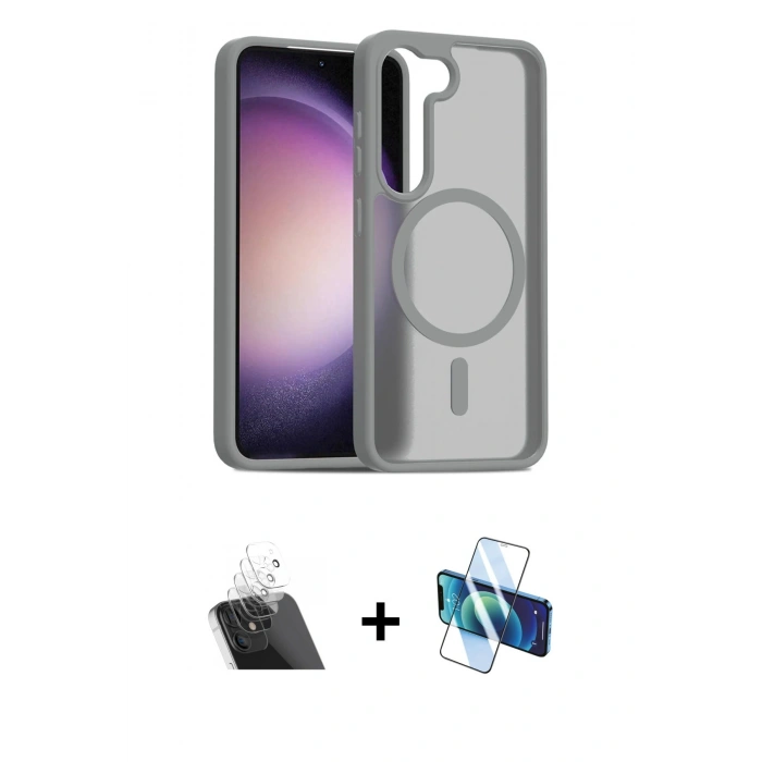 MARSİLYAN™- Galaxy S23 Kılıf Siluet Minimal Prime - Siyah 3D Antistatik Cam Ekran Koruyucu + Kamera Lens Koruma Cam - SF