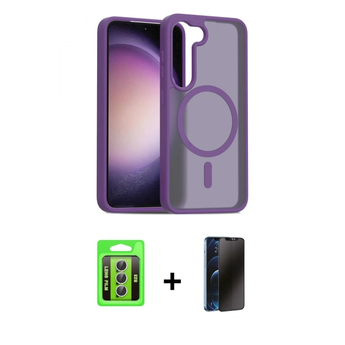 MARSİLYAN™- Galaxy S23 Kılıf Siluet Minimal Prime - Siyah 3D Antistatik Hayalet Cam Ekran Koruyucu + Raze Metal Kamera Lens - GS
