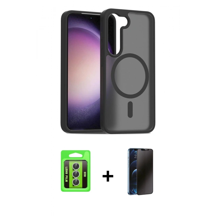 MARSİLYAN™- Galaxy S23 Kılıf Siluet Minimal Prime - Siyah 3D Antistatik Hayalet Cam Ekran Koruyucu + Raze Metal Kamera Lens - GS