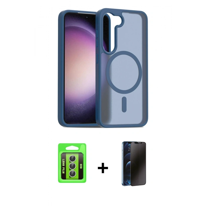 MARSİLYAN™- Galaxy S23 Kılıf Siluet Minimal Prime - Siyah 3D Antistatik Hayalet Cam Ekran Koruyucu + Raze Metal Kamera Lens - GS