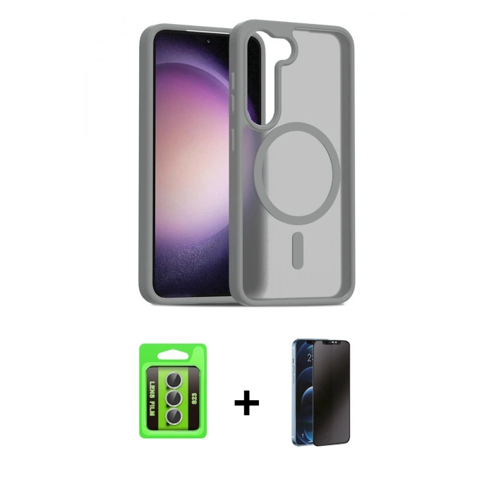 MARSİLYAN™- Galaxy S23 Kılıf Siluet Minimal Prime - Siyah 3D Antistatik Hayalet Cam Ekran Koruyucu + Raze Metal Kamera Lens - GS