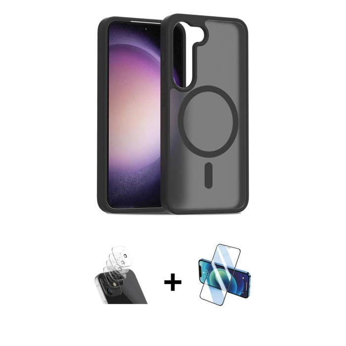 MARSİLYAN™- Galaxy S23 Kılıf Siluet Minimal Prime - Siyah 3D Antistatik Seramik Nano Ekran Koruyucu + Kamera Lens Koruma Cam - SF