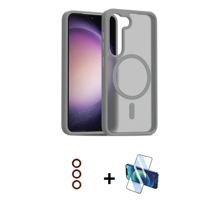 MARSİLYAN™- Galaxy S23 Kılıf Siluet Minimal Prime - Siyah 3D Antistatik Seramik Nano Ekran Koruyucu + Metal Kamera Lens - KI