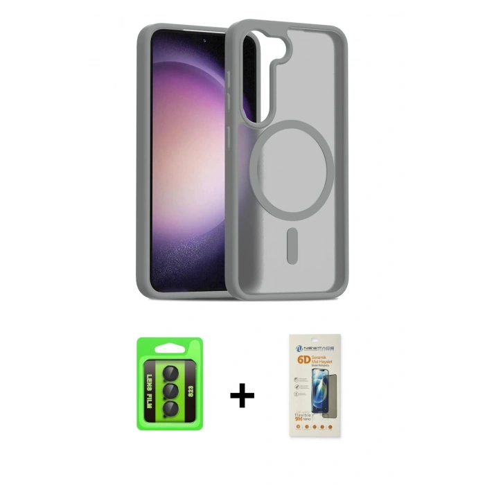 MARSİLYAN™- Galaxy S23 Kılıf Siluet Minimal Prime - Siyah 6D Mat Seramik Hayalet Nano Ekran Koruyucu + Raze Metal Kamera Lens - SH