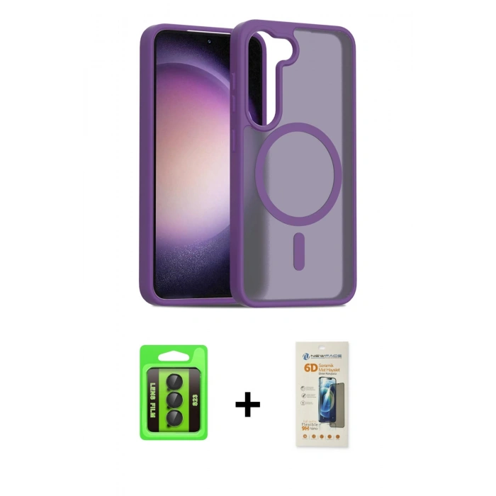 MARSİLYAN™- Galaxy S23 Kılıf Siluet Minimal Prime - Siyah 6D Mat Seramik Hayalet Nano Ekran Koruyucu + Raze Metal Kamera Lens - SH