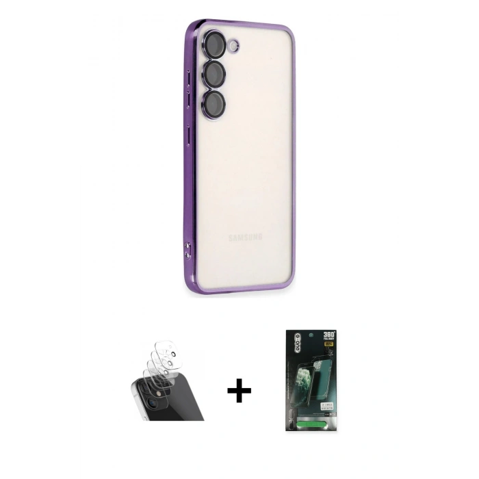 MARSİLYAN™- Galaxy S23 Kılıf Vadi Minimal - Siyah 360 Mat Full Body Arka Koruyucu + Kamera Lens Koruma Cam - SF