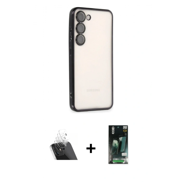 MARSİLYAN™- Galaxy S23 Kılıf Vadi Minimal - Siyah 360 Mat Full Body Arka Koruyucu + Kamera Lens Koruma Cam - SF