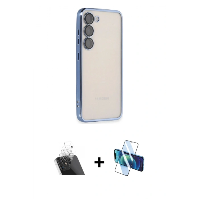 MARSİLYAN™- Galaxy S23 Kılıf Vadi Minimal - Siyah 3D Antistatik Cam Ekran Koruyucu + Kamera Lens Koruma Cam - SF