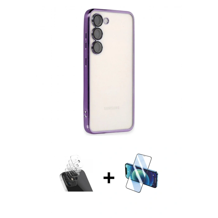 MARSİLYAN™- Galaxy S23 Kılıf Vadi Minimal - Siyah 3D Antistatik Cam Ekran Koruyucu + Kamera Lens Koruma Cam - SF