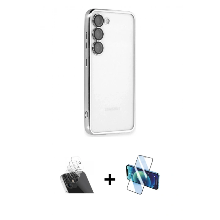 MARSİLYAN™- Galaxy S23 Kılıf Vadi Minimal - Siyah 3D Antistatik Cam Ekran Koruyucu + Kamera Lens Koruma Cam - SF