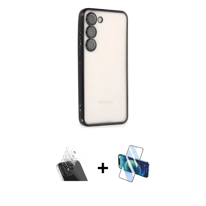 MARSİLYAN™- Galaxy S23 Kılıf Vadi Minimal - Siyah 3D Antistatik Cam Ekran Koruyucu + Kamera Lens Koruma Cam - SF