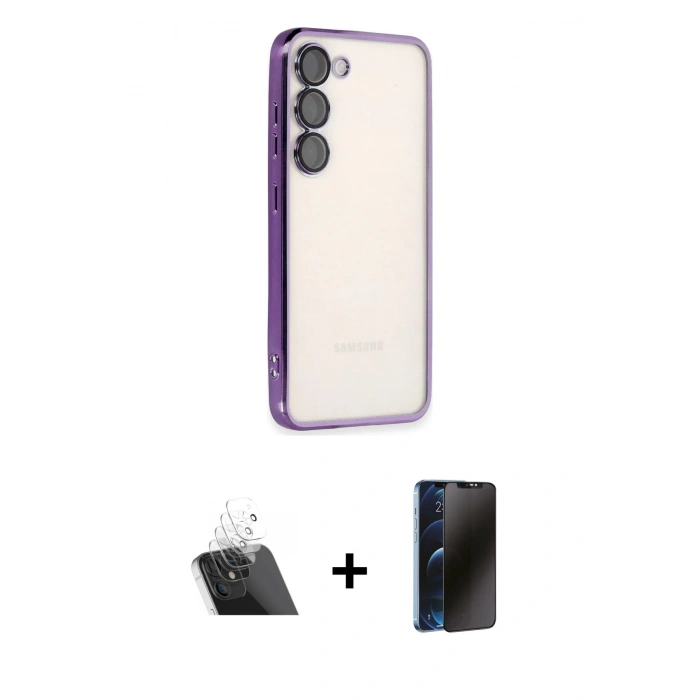 MARSİLYAN™- Galaxy S23 Kılıf Vadi Minimal - Siyah 3D Antistatik Hayalet Cam Ekran Koruyucu + Kamera Lens Koruma Cam - SF