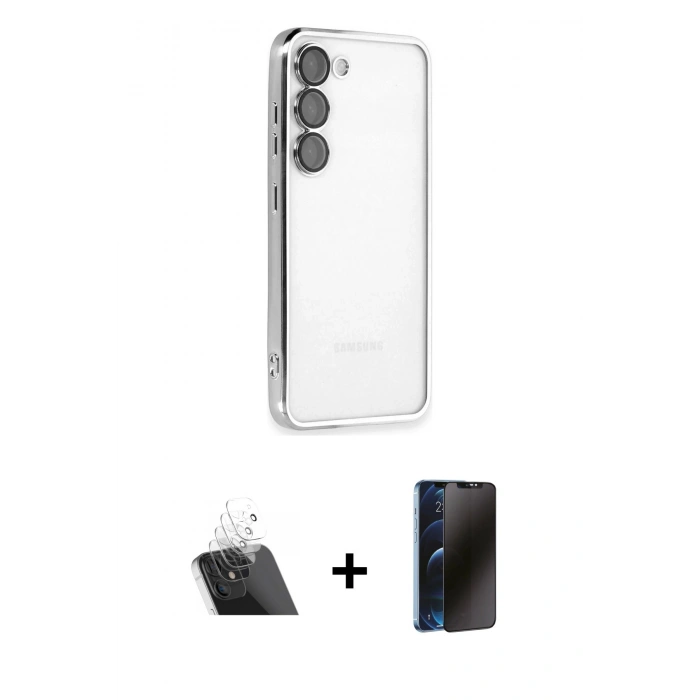 MARSİLYAN™- Galaxy S23 Kılıf Vadi Minimal - Siyah 3D Antistatik Hayalet Cam Ekran Koruyucu + Kamera Lens Koruma Cam - SF