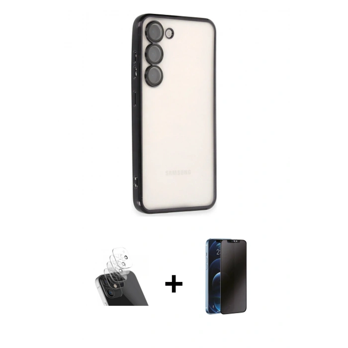 MARSİLYAN™- Galaxy S23 Kılıf Vadi Minimal - Siyah 3D Antistatik Hayalet Cam Ekran Koruyucu + Kamera Lens Koruma Cam - SF