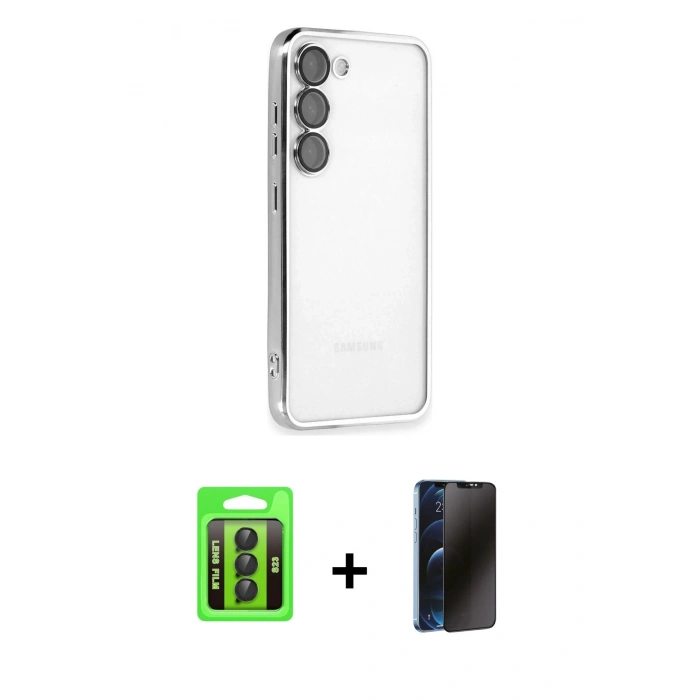 MARSİLYAN™- Galaxy S23 Kılıf Vadi Minimal - Siyah 3D Antistatik Hayalet Cam Ekran Koruyucu + Raze Metal Kamera Lens - SH