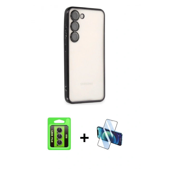 MARSİLYAN™- Galaxy S23 Kılıf Vadi Minimal - Siyah 3D Antistatik Seramik Nano Ekran Koruyucu + Raze Metal Kamera Lens - MR
