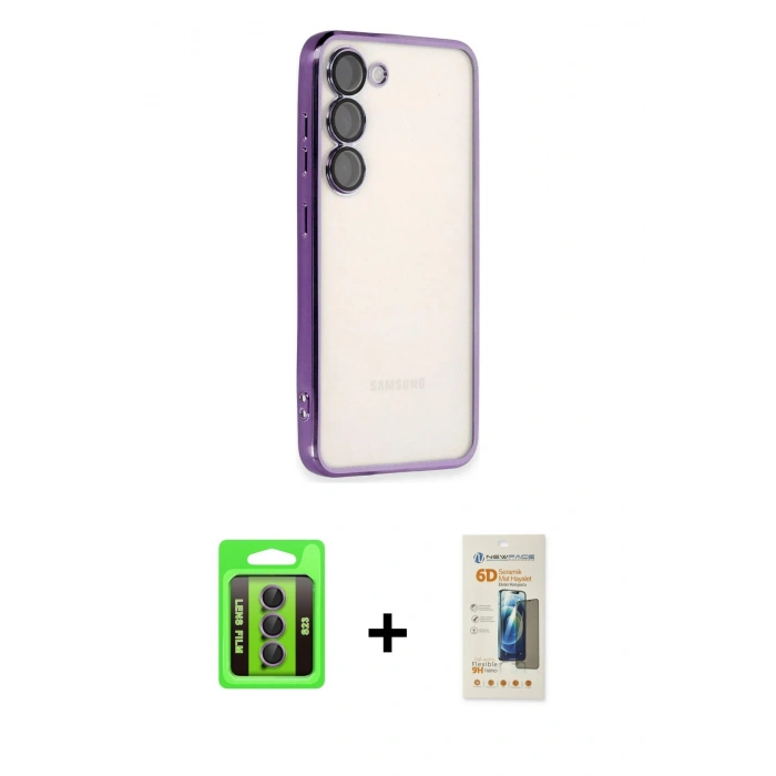 MARSİLYAN™- Galaxy S23 Kılıf Vadi Minimal - Siyah 6D Mat Seramik Hayalet Nano Ekran Koruyucu + Raze Metal Kamera Lens - MR