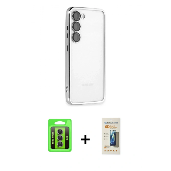 MARSİLYAN™- Galaxy S23 Kılıf Vadi Minimal - Siyah 6D Mat Seramik Hayalet Nano Ekran Koruyucu + Raze Metal Kamera Lens - MR