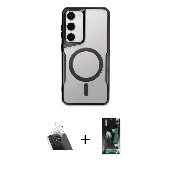 MARSİLYAN™- Galaxy S23 Kılıf Yadigar Klasik Özel Seri - Siyah 360 Mat Full Body Arka Koruyucu + Kamera Lens Koruma Cam - SF