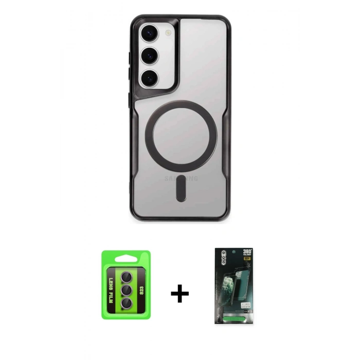 MARSİLYAN™- Galaxy S23 Kılıf Yadigar Klasik Özel Seri - Siyah 360 Mat Full Body Arka Koruyucu + Raze Metal Kamera Lens - MR