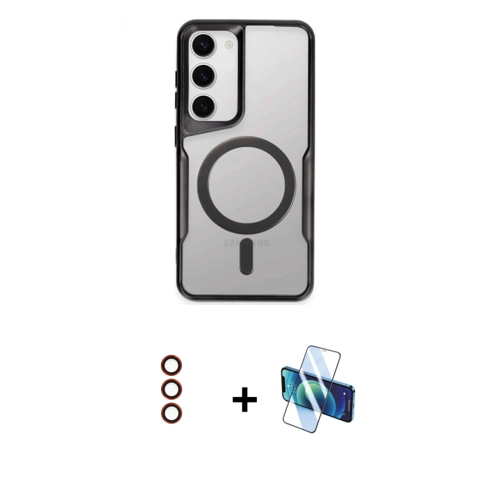 MARSİLYAN™- Galaxy S23 Kılıf Yadigar Klasik Özel Seri - Siyah 3D Antistatik Cam Ekran Koruyucu + Metal Kamera Lens - KI