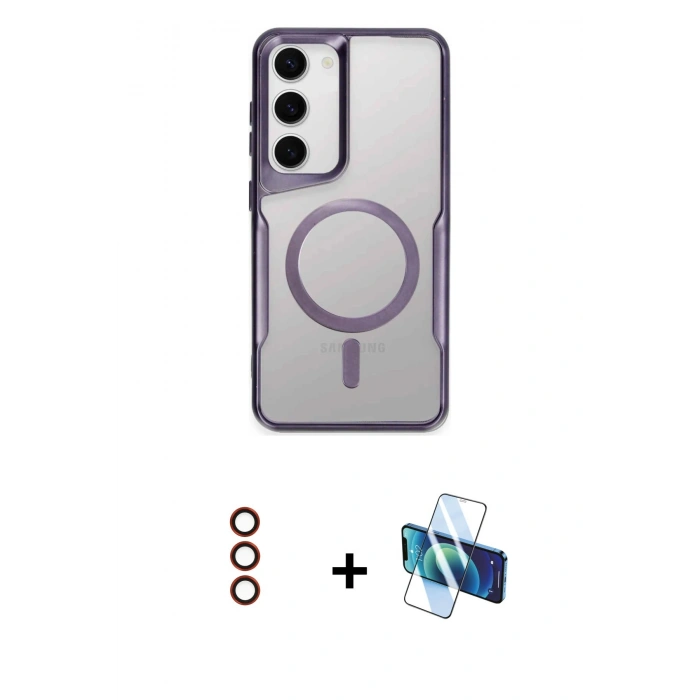 MARSİLYAN™- Galaxy S23 Kılıf Yadigar Klasik Özel Seri - Siyah 3D Antistatik Cam Ekran Koruyucu + Metal Kamera Lens - KI